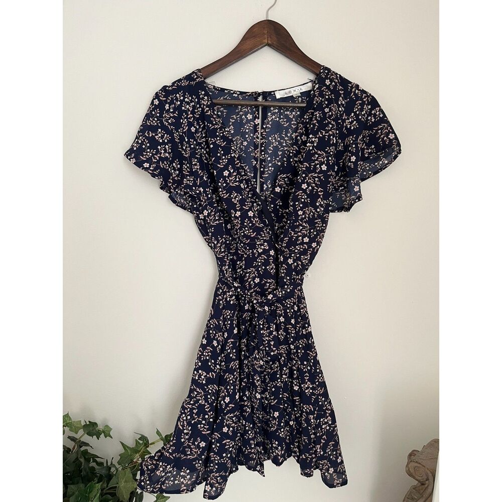 Navy Blue Floral Dress with White Wildflowers and Tie Belt M